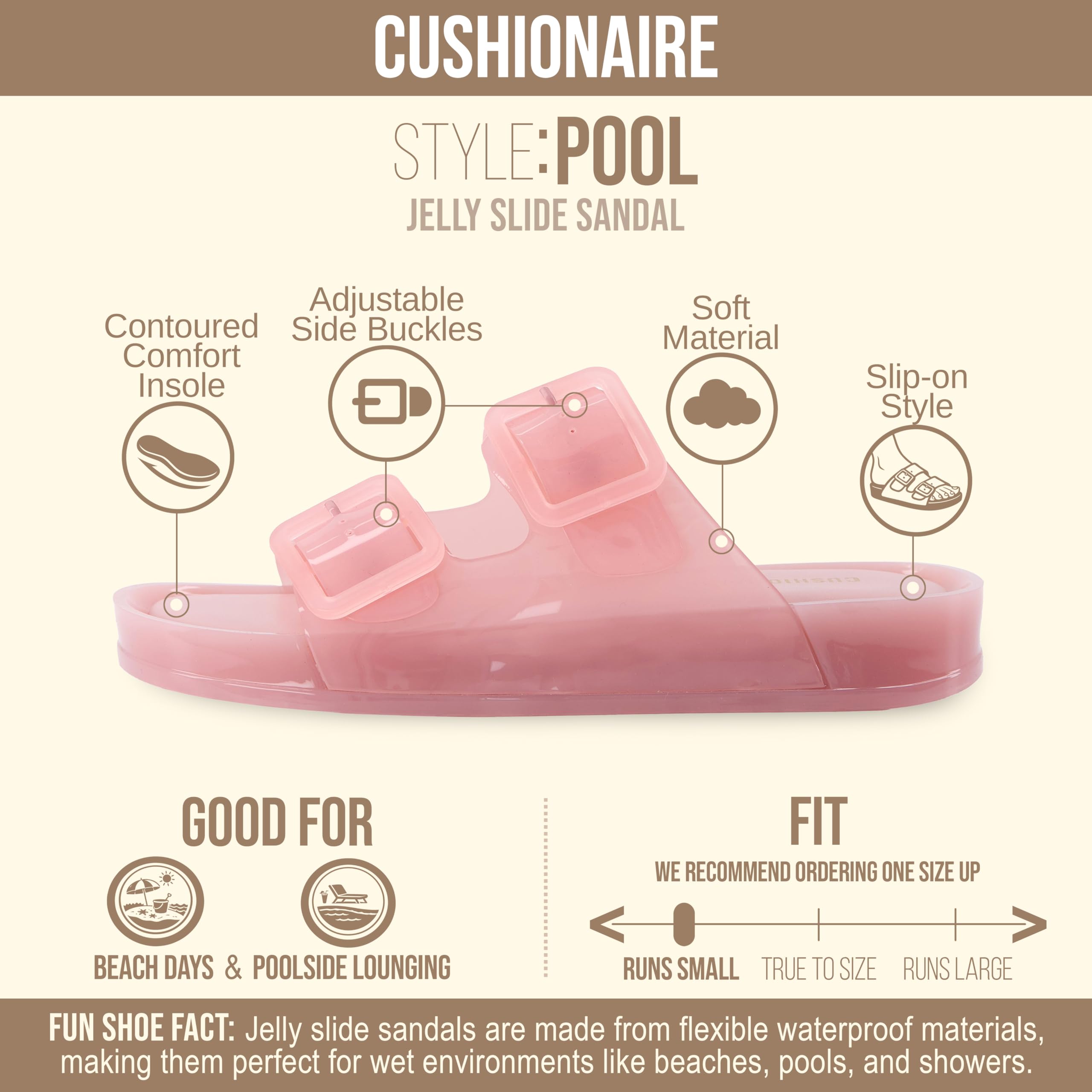 CUSHIONAIRE Pool Slides for Women Waterproof Double Buckle Adjustable Slip-On Womens Sandals for Beach Shower Casual Wear