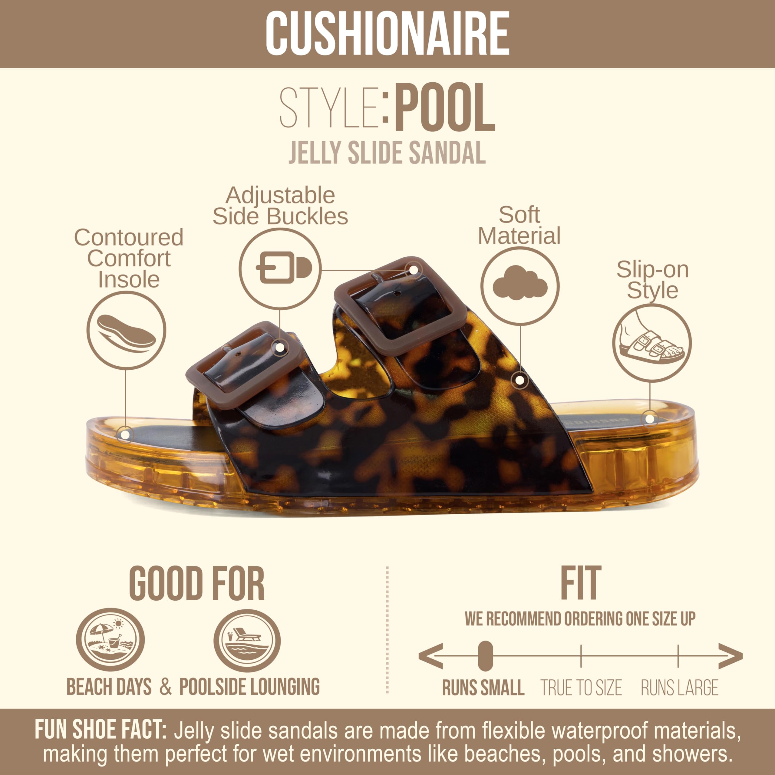 CUSHIONAIRE Pool Slides for Women Waterproof Double Buckle Adjustable Slip-On Womens Sandals for Beach Shower Casual Wear