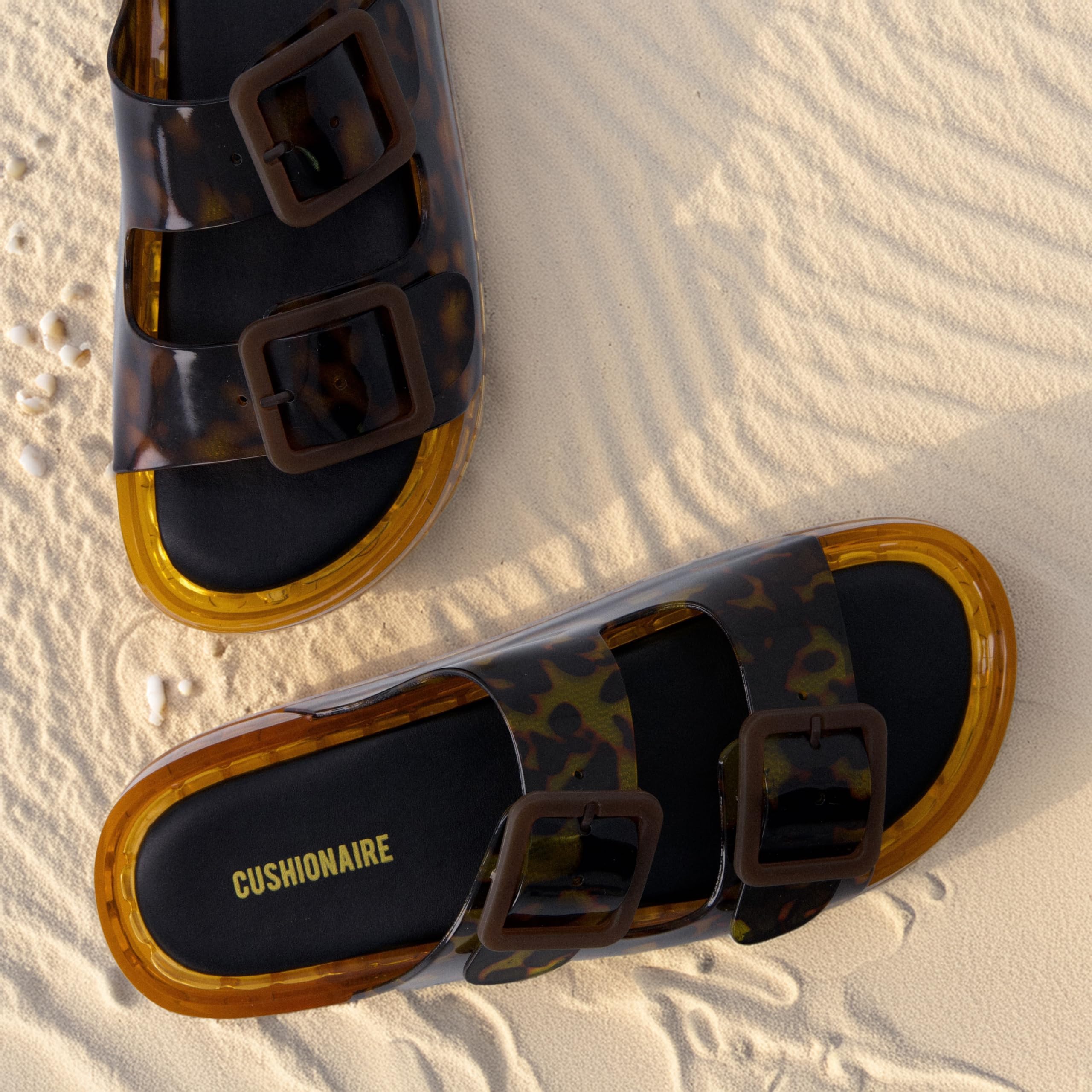 CUSHIONAIRE Pool Slides for Women Waterproof Double Buckle Adjustable Slip-On Womens Sandals for Beach Shower Casual Wear